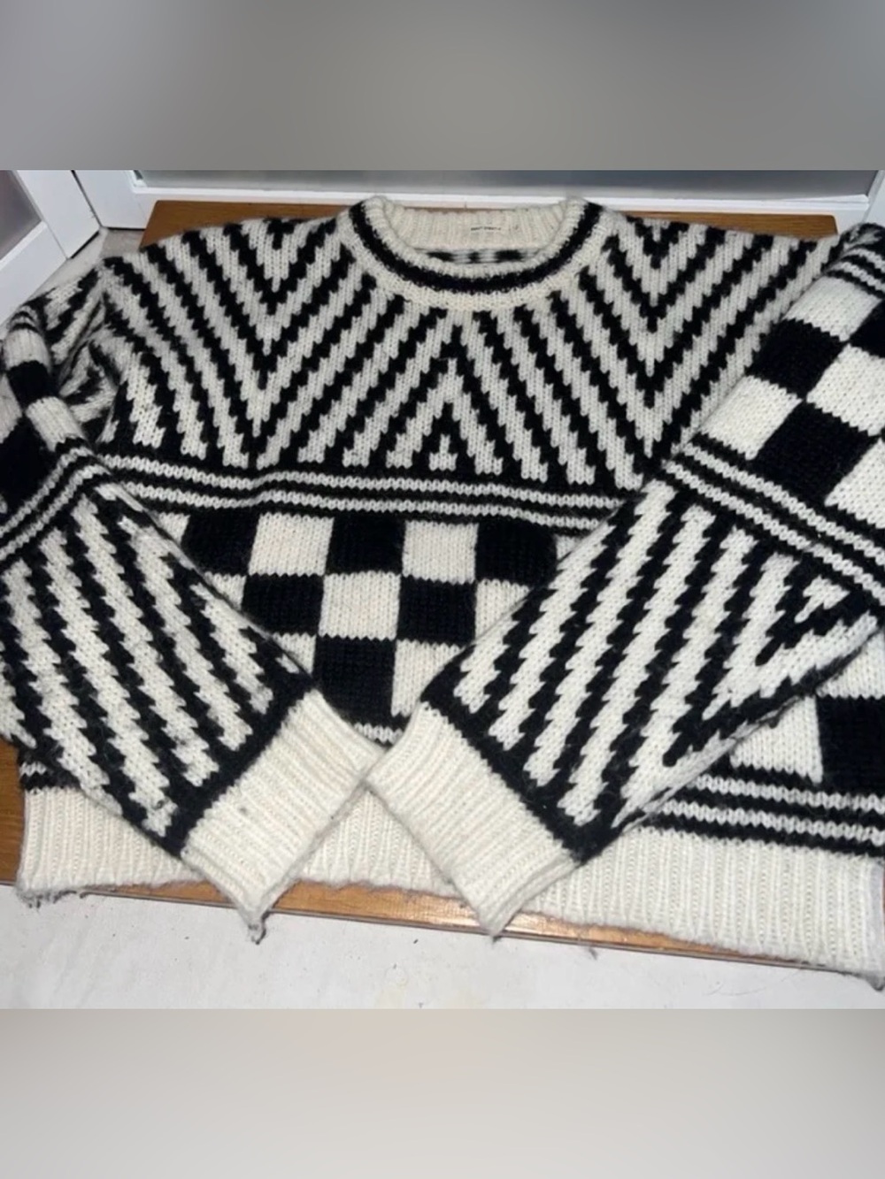 MOTHER Itsy Bitsy Crop Sweater Black White Alpaca Wool Blend Graphic Knit Size S
